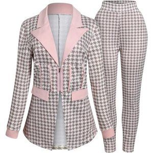 Recious Womens Sexy 2pcs Denim Printed Zipper Jacket Bodycon Pants Tracksuit Set